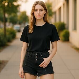 HStyle Womens Shorts Size Medium High Rise Black Jean Cutoffs Denim Button Fly‎